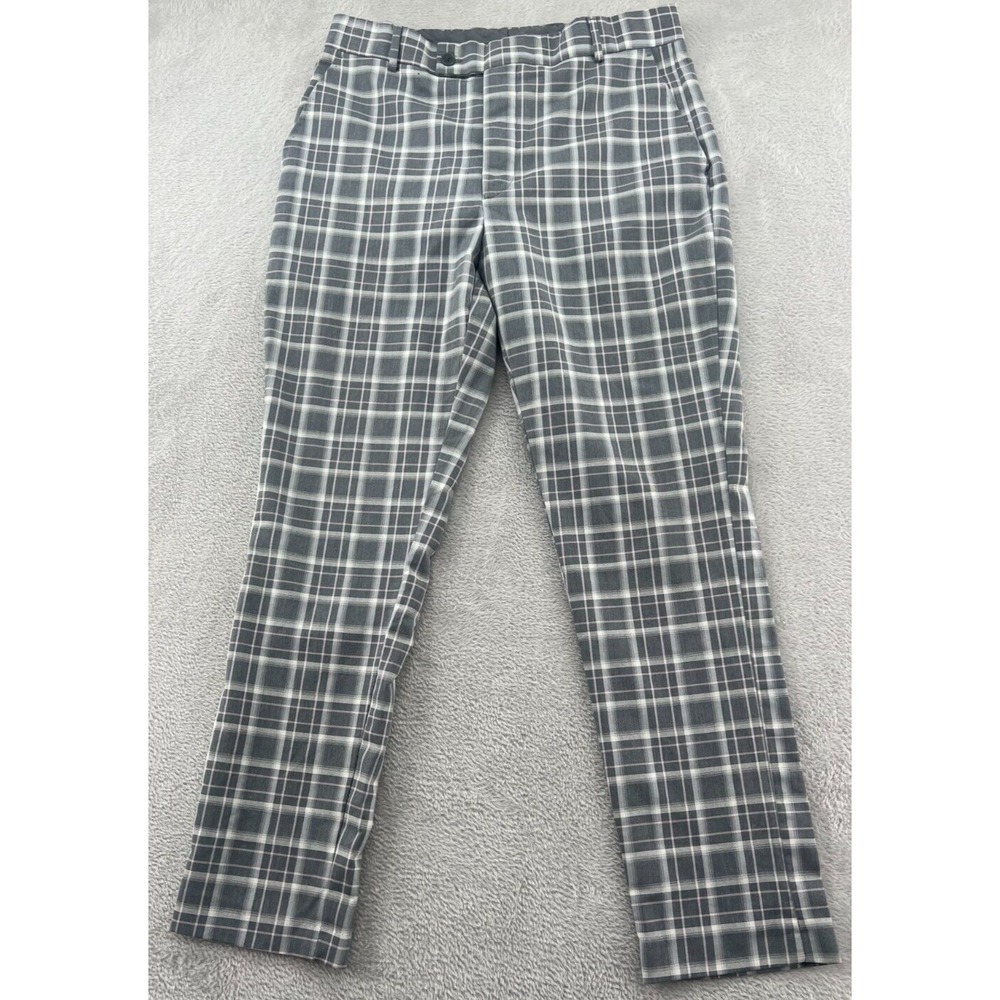 boohooMAN Pants Mens 32x28 Grey Plaid Slim Fit Smart Trousers Pink Accents